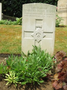 The grave of Leonard Hardy at Gorre Cemetery.  Photographed for 'Marching in Memory' for Combat Stress, July 2015