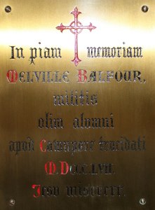 Memorial plaque for Melville Balfour, Radley 1848. kia Cawnpore 1857