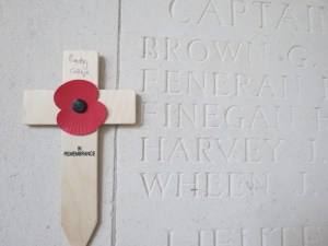 The name of John Wheen on the Le Touret Memorial. Photographed for 'Marching in Memory' for Combat Stress, July 2015