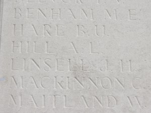 The name of Arthur Hill on the Loos Memorial.  Photographed for 'Marching in Memory' for Combat Stress, July 2015