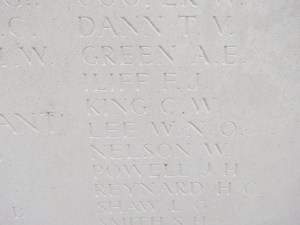 The name of Charles King on the Loos Memorial.  Photographed for 'Marching in Memory' for Combat Stress, July 2015