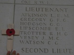 The name of Ronald Trotter on the Ploegsteert Memorial.  Photographed for 'Marching in Memory' for Combat Stress, July 2015