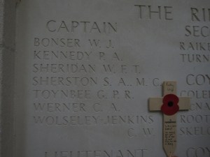 The name of Charles Wolesley-Jenkins on the Ploegsteert Memorial.  Photographed for 'Marching in Memory' for Combat Stress, July 2015