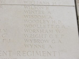 The name of Harry Woodley on the Loos Memorial. Photographed for 'Marching in Memory' for Combat Stress, July 2015