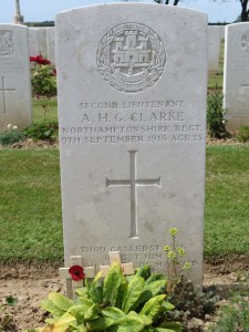 The grave of Arthur Clarke in Caterpillar Valley Cemetery.  Photographed for 'Marching in Memory' for Combat Stress, July 2015