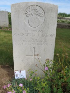 The grave of Maurice Knatchbull-Hugessen at Fricourt. Photograhed for 'Marching in Memory' for Combat Stress, July 2015