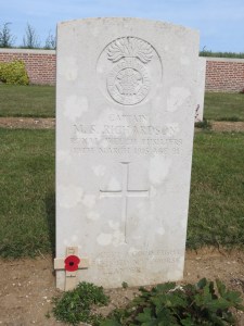 The grave of Mervyn Richardson at Point 110 Cemetery.  Photographed for 'Marching in Memory' for Combat Stress, July 2015