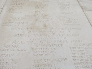 Alick Blyth's name on the Tyne Cot Memorial. Photographed for Marching in Memory, July 2015