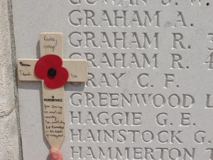 George Haggie's name on the Tyne Cot Memorial. Photographed for Marching in Memory, July 2015