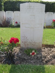 The grave of Geoffrey Hodgkinson at Brandhoek.  Photographed for Marching in Memory, July 2015