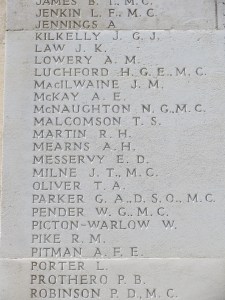 Captain John Milne's name on the Arras Flying Services Memorial. Photographed for Marching in Memory, July 2015