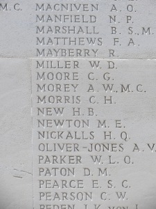 Clive Moore's name on the Arras Memorial.  Photographed for Marching in Memory, July 2015