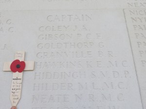 Stephen Hiddingh's name on the Arras Memorial.  Photographed for Marching in Memory, July 2015